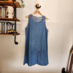 Vintage 90s Cottagecore Denim Shift Jean Dress Midi Sleeveless Pinafore Western
